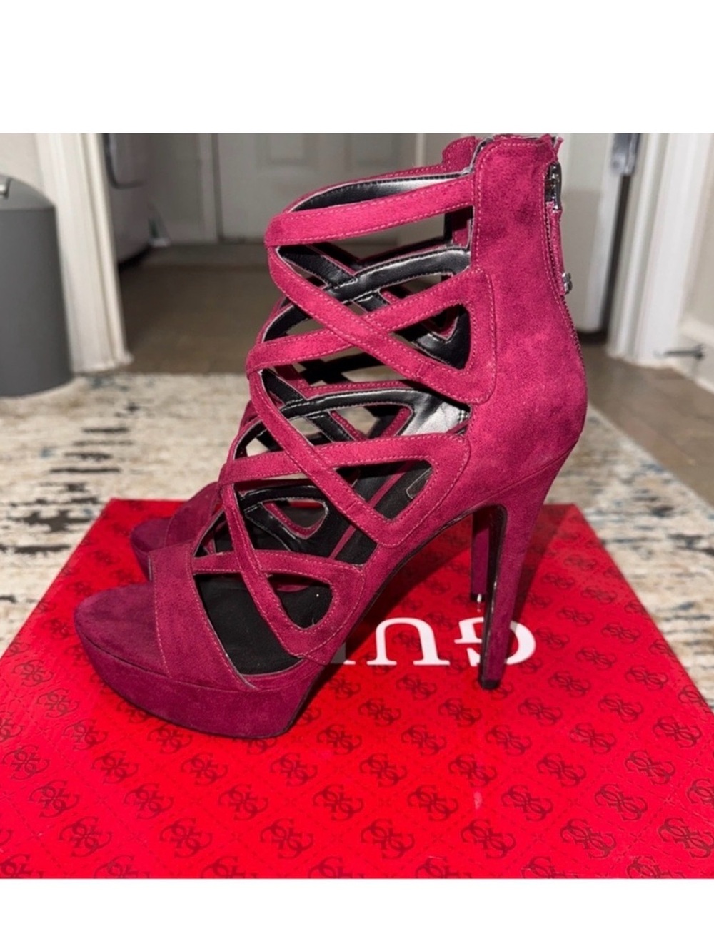 Guess by Marciano Magenta Suede Strappy Cage High Heels